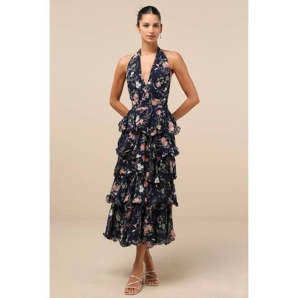 Lulus Exceedingly Gorgeous Dark Navy Floral Tiered Halter Midi Dress Blue
